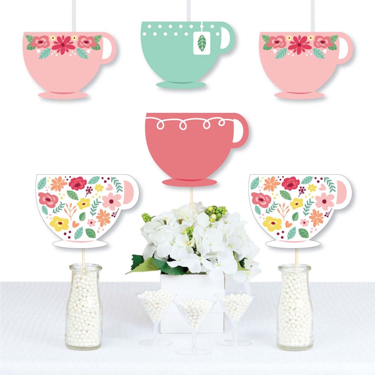 Big Dot of Happiness Floral Let's Par-Tea - Tea Cup Decorations DIY Garden Tea Party Essentials - Set of 20